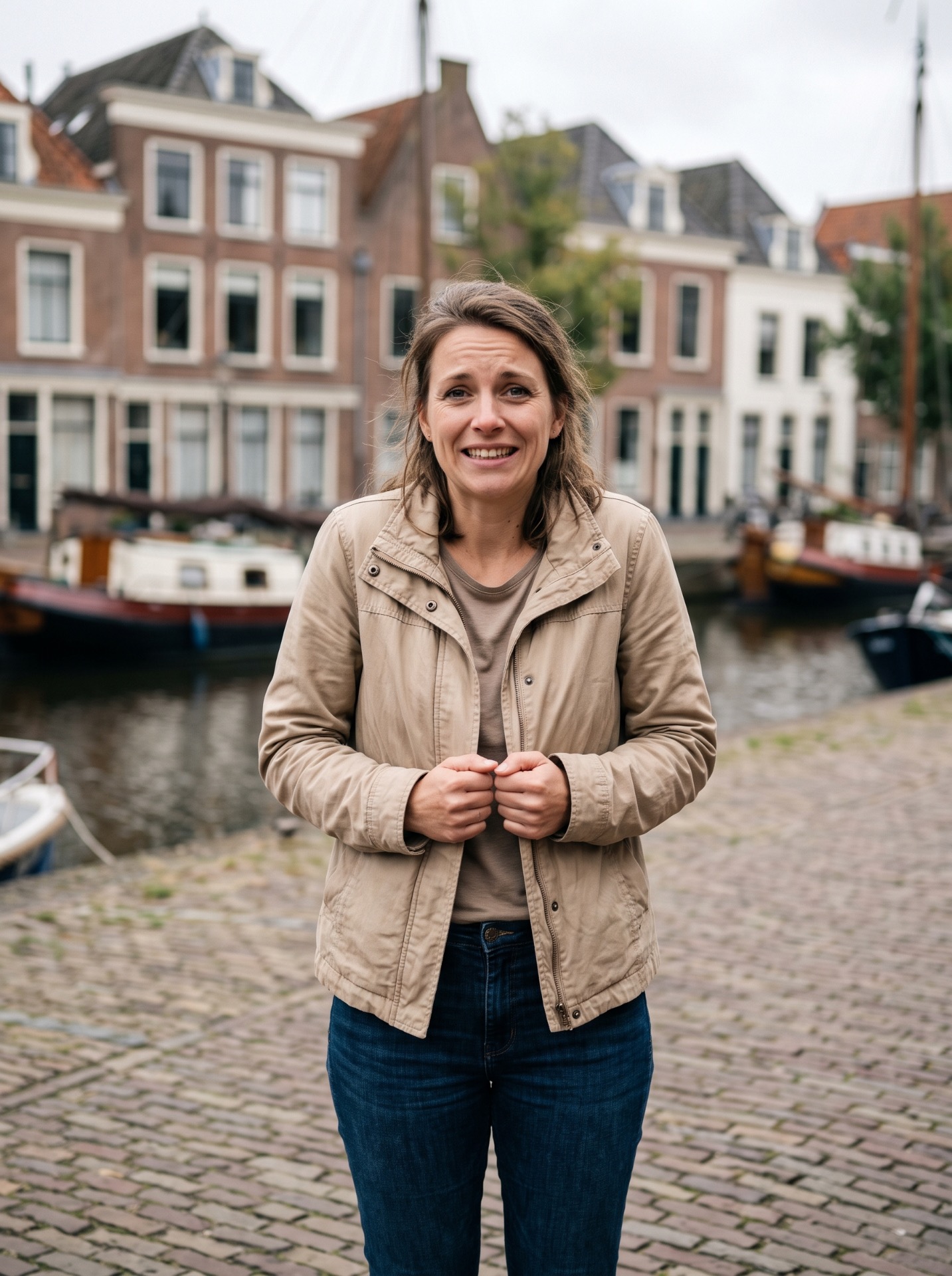Glimlachende vrouw in beige jas op kade Schiedam met grachtenhuizen en boten op de achtergrond.