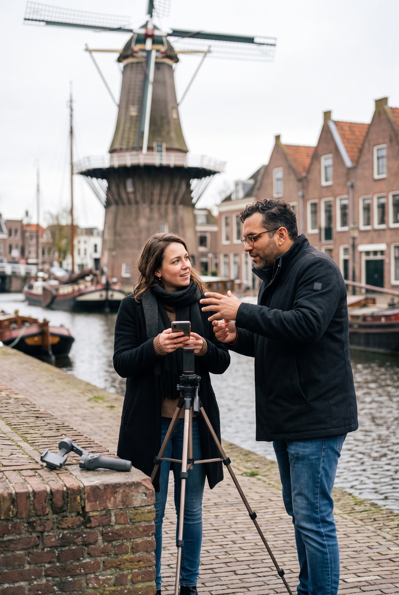 Man en vrouw bespreken foto op statief langs gracht Schiedam, molen op achtergrond, stadshorizon.